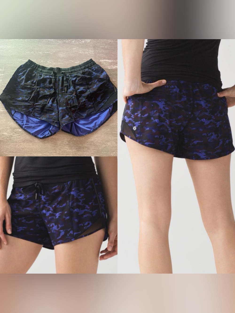 Lululemon Hotty Hot Short Long 4” LR Hounds Camo Emperor Blue Black Womens 8